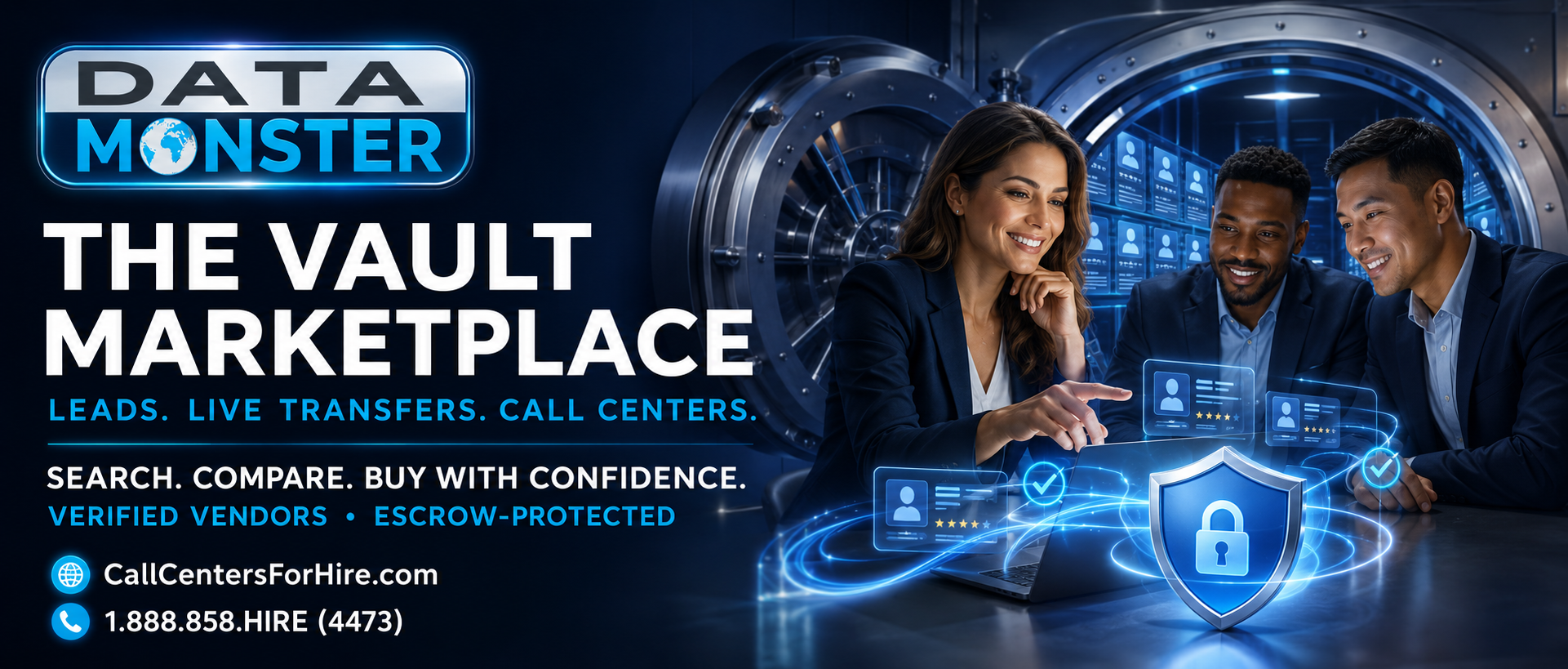 Data Monster Vault Marketplace banner — search and compare sales leads, live transfers, and call center services from verified vendors, with escrow-protected purchases.