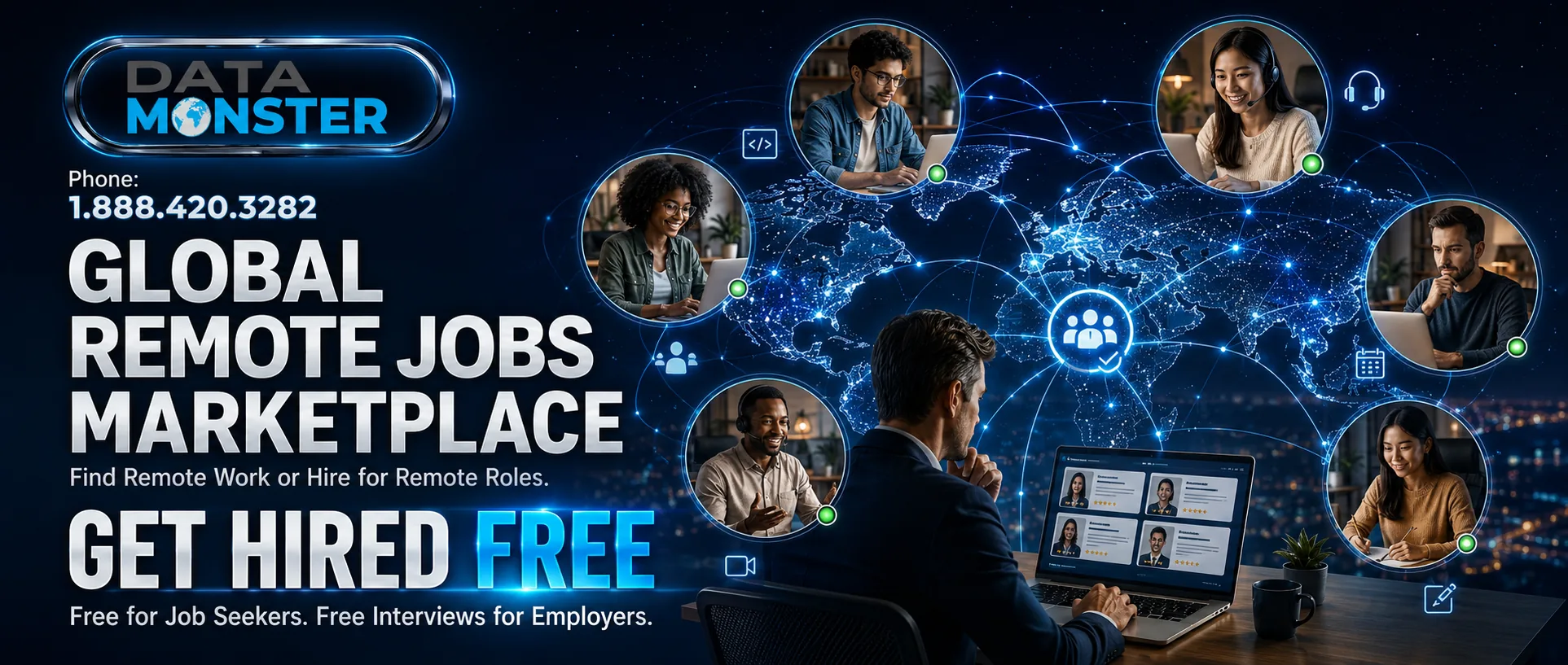 Data Monster global remote jobs marketplace banner - find remote work or hire for remote roles, free for job seekers
