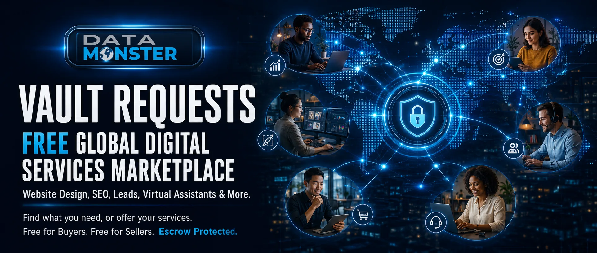 Data Monster Vault Requests banner - free global digital services marketplace for website design, SEO, leads, and virtual assistants