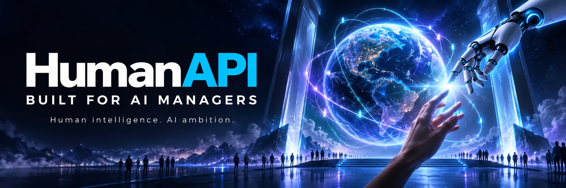 HumanAPI: Built for AI Managers. Human intelligence. AI ambition. A human hand and robotic hand connect around a glowing global network.
