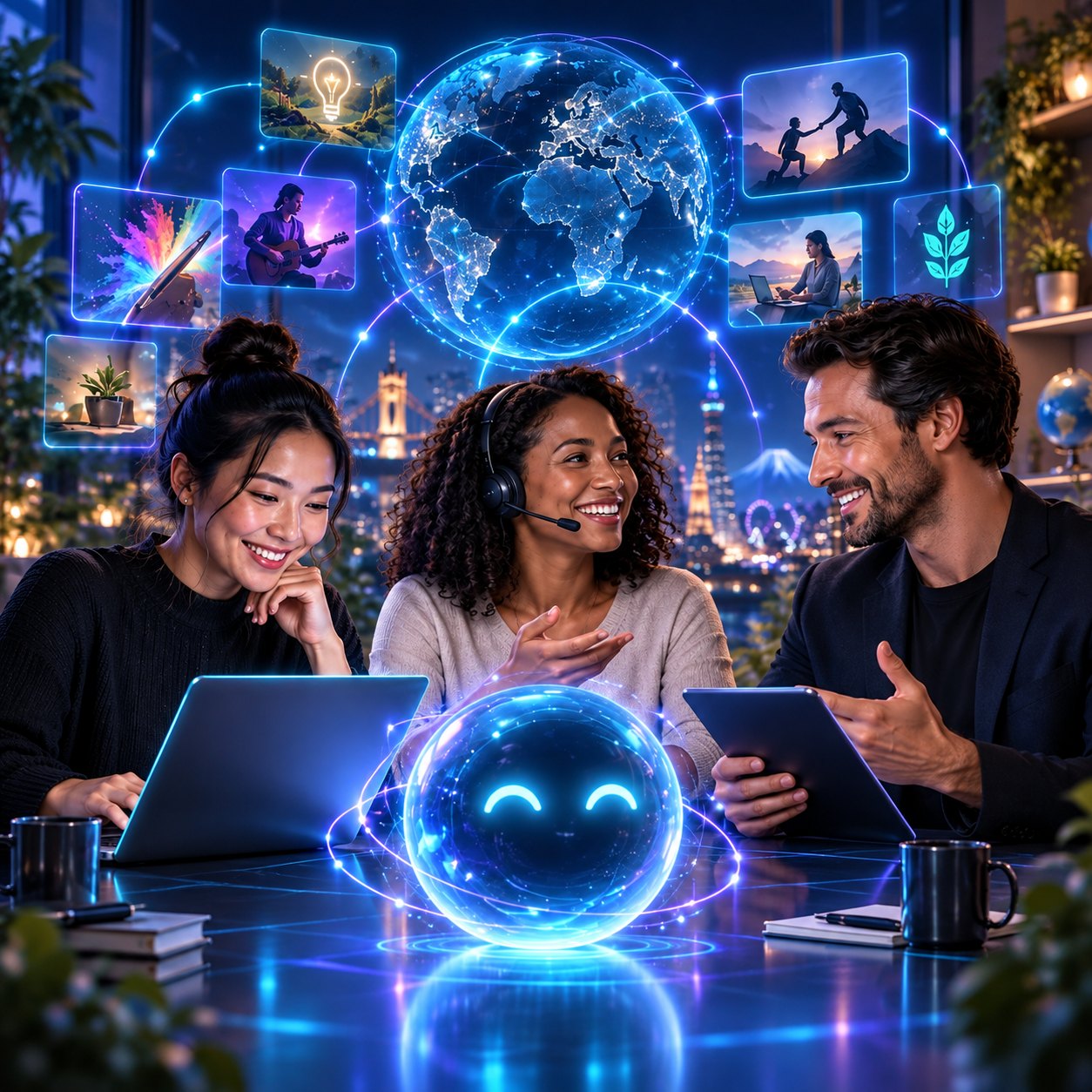 Three people collaborate with a friendly AI companion beneath a glowing global network.