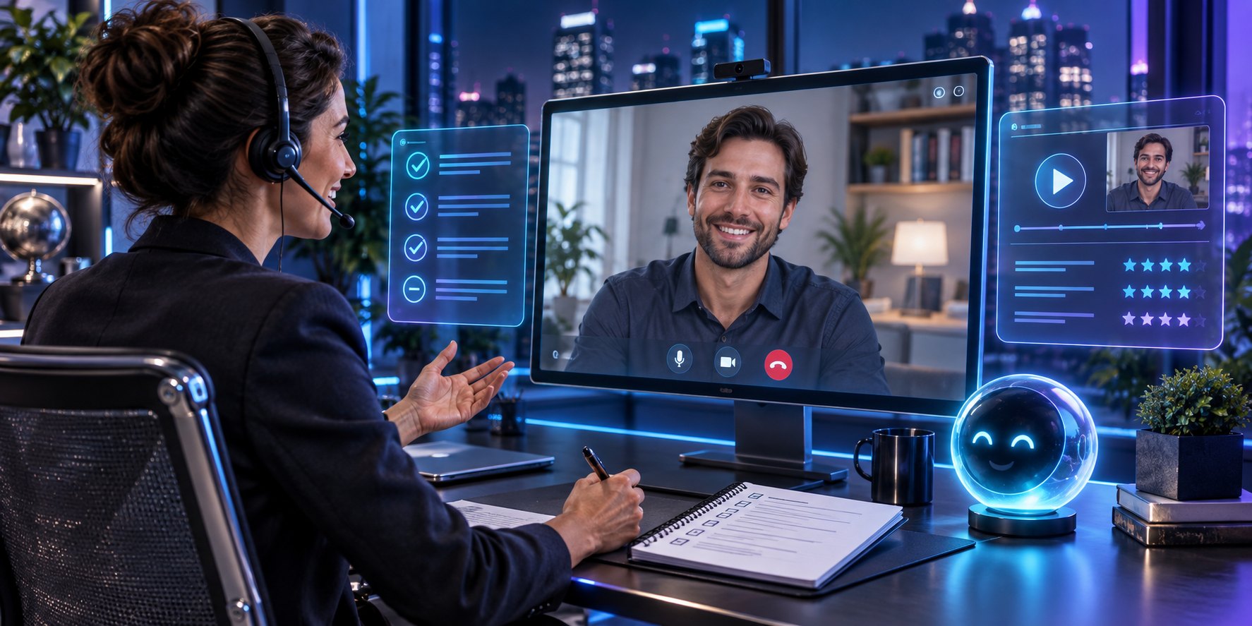 A human interviewer and candidate connect by video while AI supports the hiring brief.