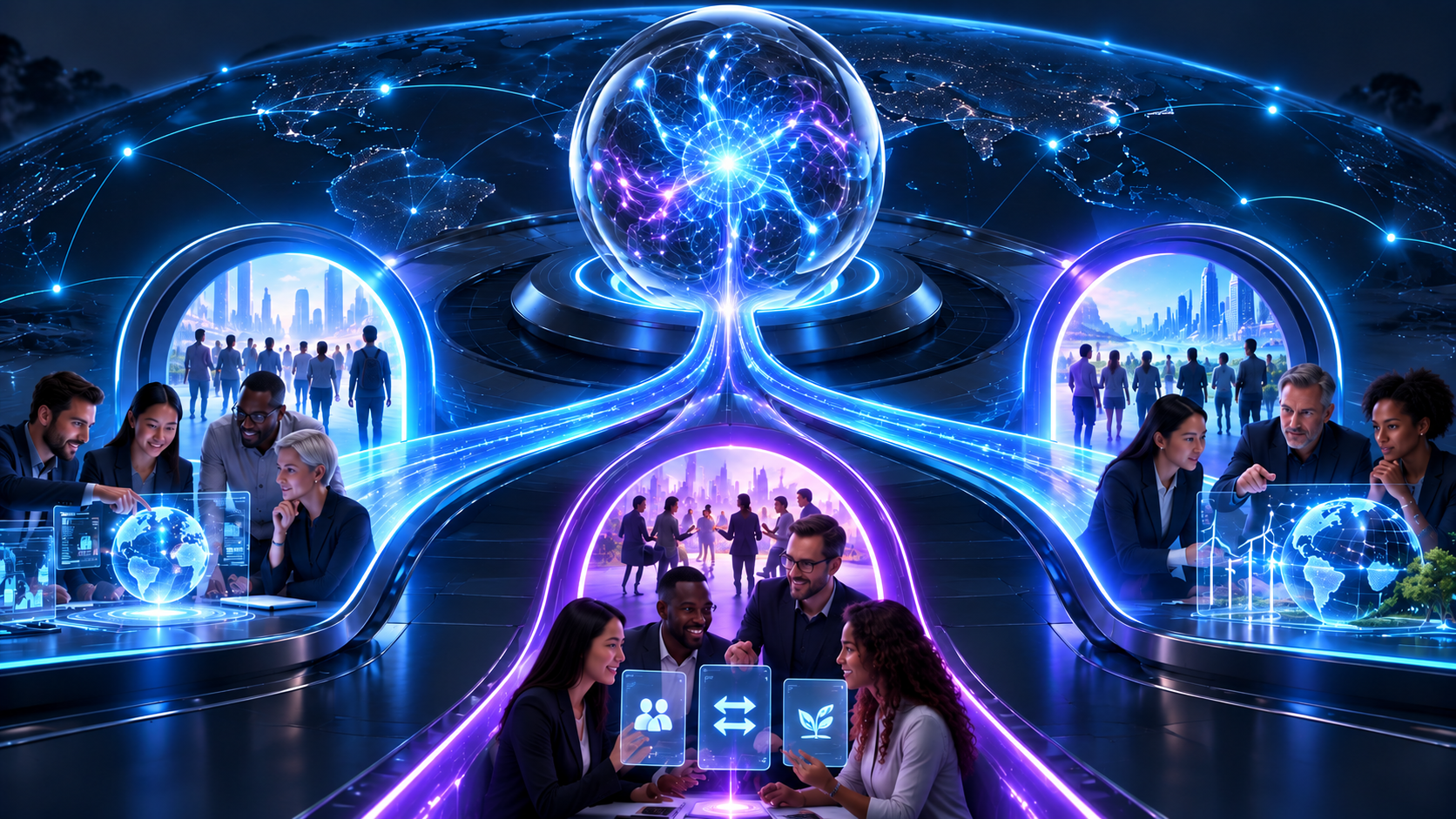 AI command hub opening three luminous pathways to human opportunity networks
