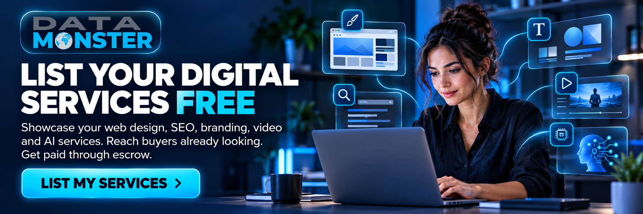 List your digital services free on Data Monster — web design, SEO, branding, video and AI services, get paid through escrow