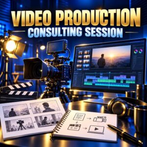 Video production consulting with a camera, editing workstation, and storyboard