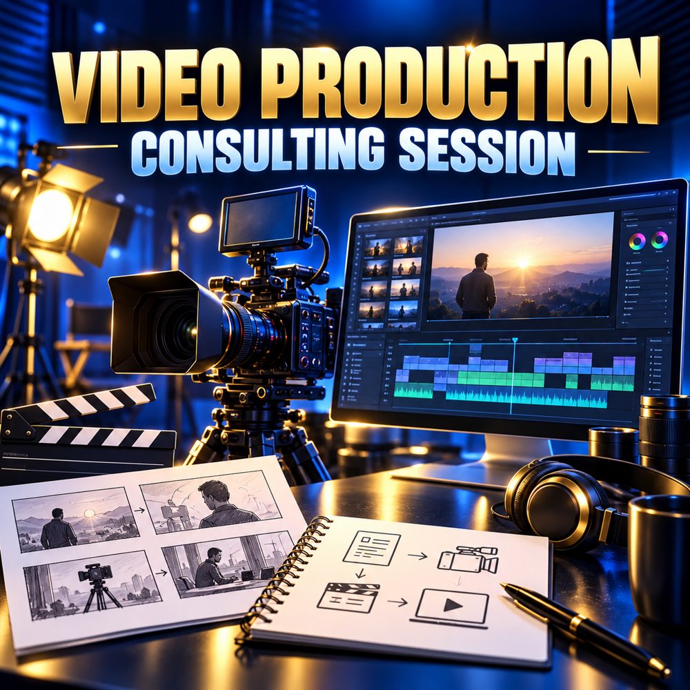 Video production consulting with a camera, editing workstation, and storyboard
