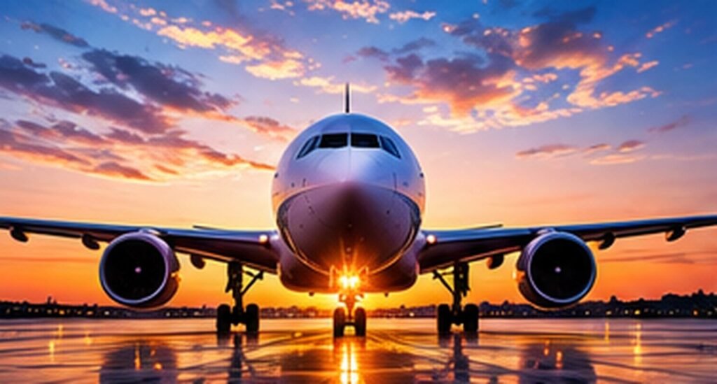 Passenger airplane on an airport runway at sunset for airline live transfer leads