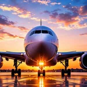 Passenger airplane on an airport runway at sunset for airline live transfer leads