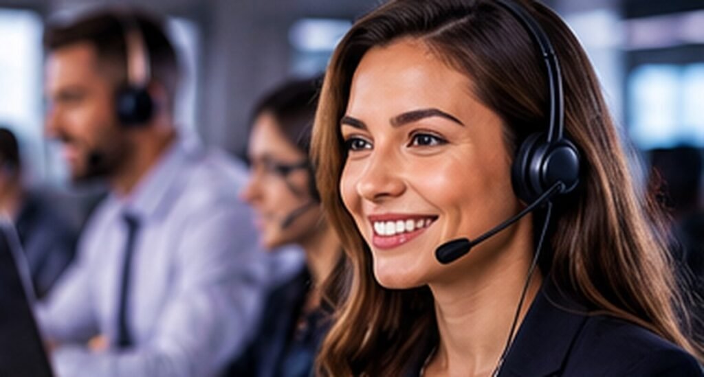 Customer support agents wearing headsets in a professional call center