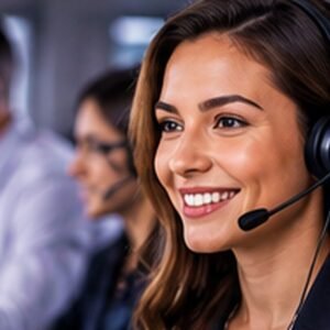 Customer support agents wearing headsets in a professional call center