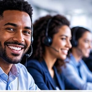 Professional call center team working at computers with headsets