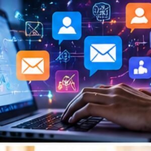 Professional using a laptop with email, social media and digital marketing icons