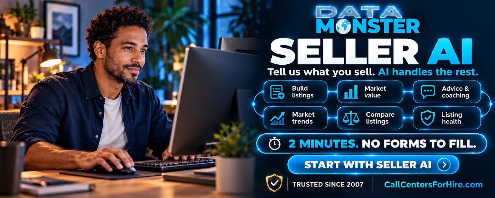 Data Monster Seller AI — Tell us what you sell. AI handles the rest. 2 minutes, no forms to fill.