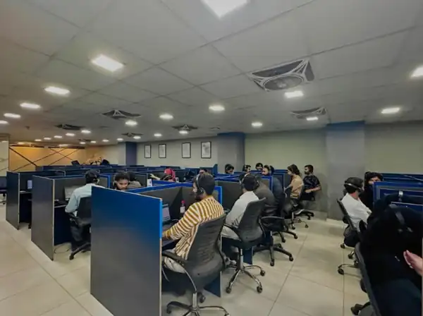 Call center floor with agents taking final expense live transfers